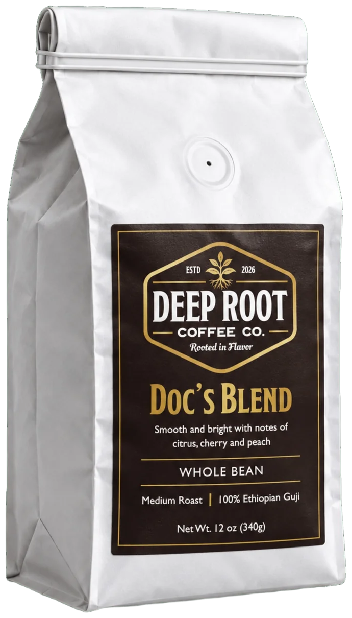 Doc’s Blend, the original Deep Root Coffee 12 oz whole bean coffee bag